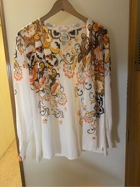 Chico's White Floral Print V-Neck Long Sleeve Cardigan